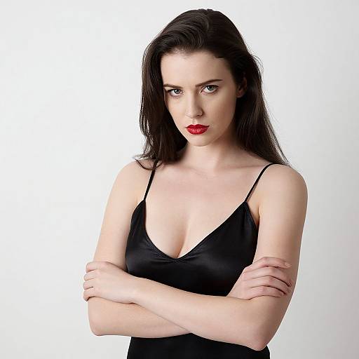 Photograph of a pale-skinned woman with long dark hair, red lipstick, and black spaghetti strap dress, arms crossed, white background.