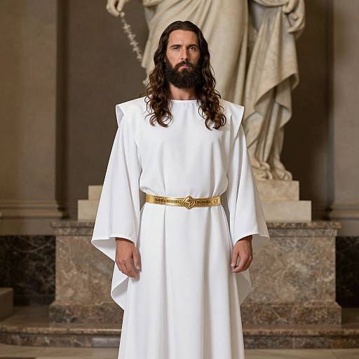 Photograph of a bearded man with long brown hair, wearing a white robe with a gold belt, standing in front of a classical marble statue in