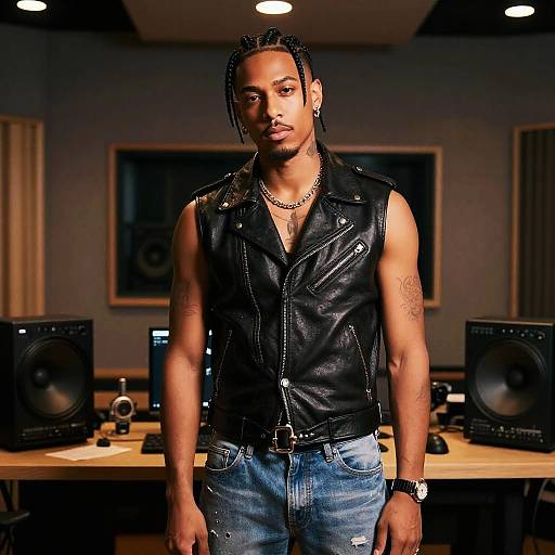 Photograph of a muscular Black man with long braids, wearing a black leather vest, jeans, and multiple necklaces, standing in a dimly