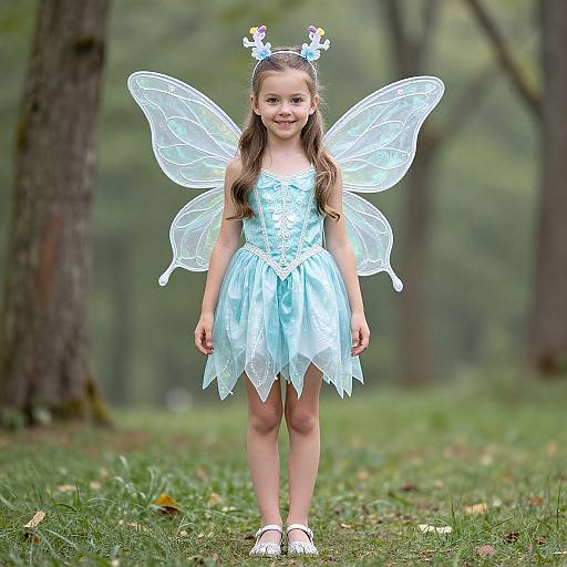 Photograph of a young girl with light blue fairy dress, transparent wings, antler headband, and white shoes, standing on grass in a forest