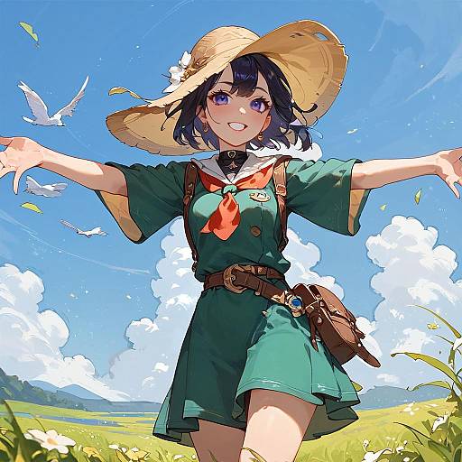 Anime Girl in Green Dress with Outstretched Arms