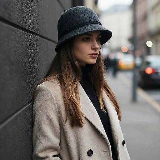 Photograph of a young woman with long brown hair, wearing a grey felt hat and beige coat, leaning against a dark brick wall on a blurred urban