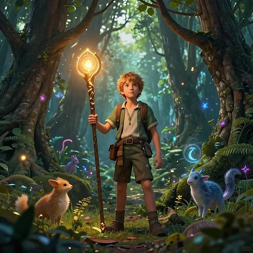 Digital fantasy artwork of a young boy with curly hair holding a glowing staff, standing in a magical forest with glowing fireflies, a small brown rabbit,