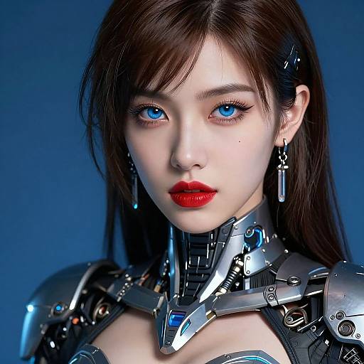 CGI portrait of a beautiful Asian woman with striking blue eyes, red lips, and cybernetic armor, set against a blue background.