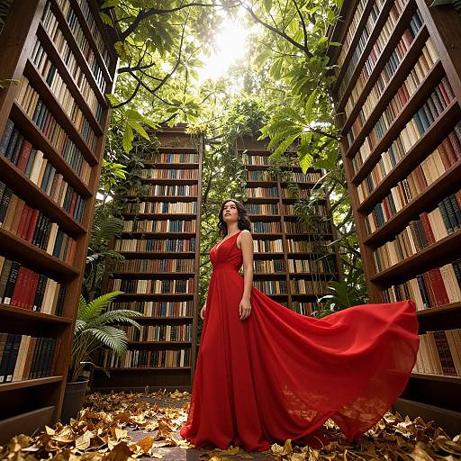 Photograph of a woman in a flowing red dress standing amidst tall bookshelves, surrounded by green leaves and fallen autumn leaves, in a sunlit