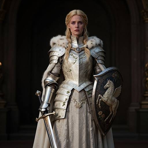 Photorealistic digital art of a blonde, fair-skinned woman in silver, fur-trimmed medieval armor, holding a sword and shield with a