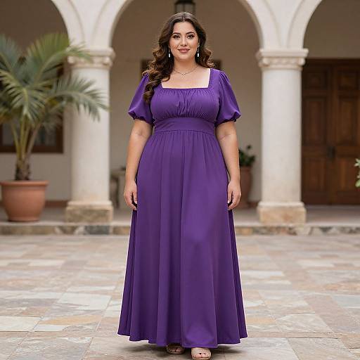 Photograph of a plus-sized woman with long, wavy brown hair, wearing a vibrant purple, knee-length dress, standing on a tiled patio with
