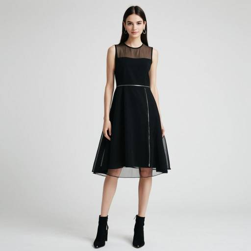 Woman in Black Sheer Overlay Dress