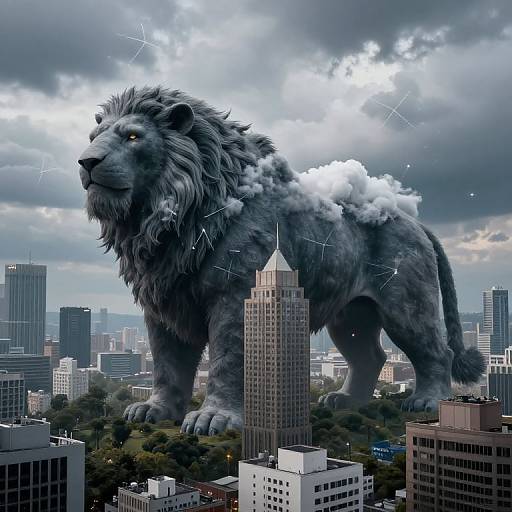 Digital artwork of a giant, gray lion with a cloudy mane looming over a cityscape, skyscrapers visible beneath, dramatic cloudy sky above.