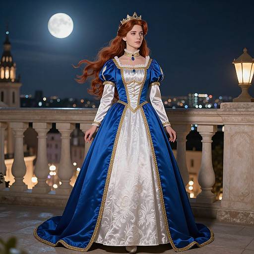 Photograph of a red-haired woman in a royal blue and white satin ballgown with gold trim, tiara, moonlit balcony, cityscape