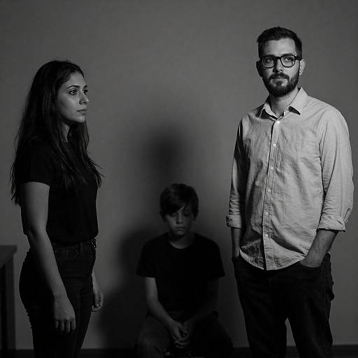Black-and-White Family in Dim Room