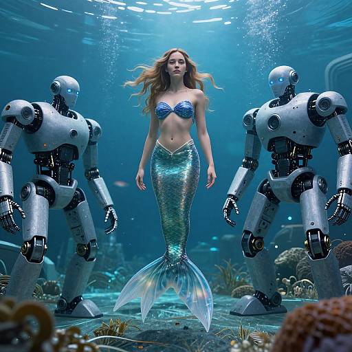 Photorealistic digital artwork: A silver-scaled mermaid with long red hair and blue sequin top, surrounded by two metallic robots, underwater with