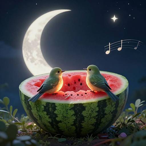 Whimsical Nighttime Birds in Watermelon