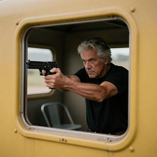 Older Man Aiming Handgun Through Window