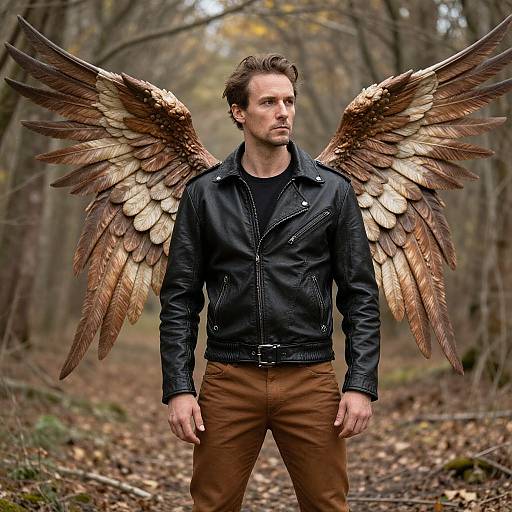 Photograph of a serious, handsome man with brown feathered wings, wearing a black leather jacket and brown pants, standing in a forest path with autumn