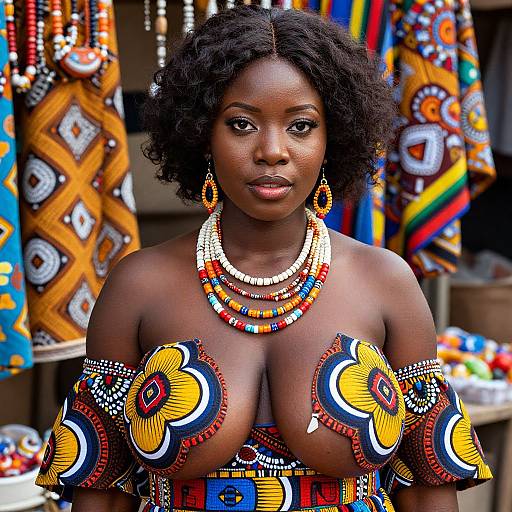 Photograph of a dark-skinned African woman with curly hair, wearing colorful beaded necklace and earrings, and vibrant, patterned top with yellow,