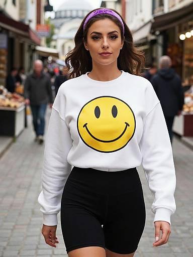 Photograph of a confident woman with long brown hair, wearing a white sweater with a yellow smiley face, black skirt, and purple headband,
