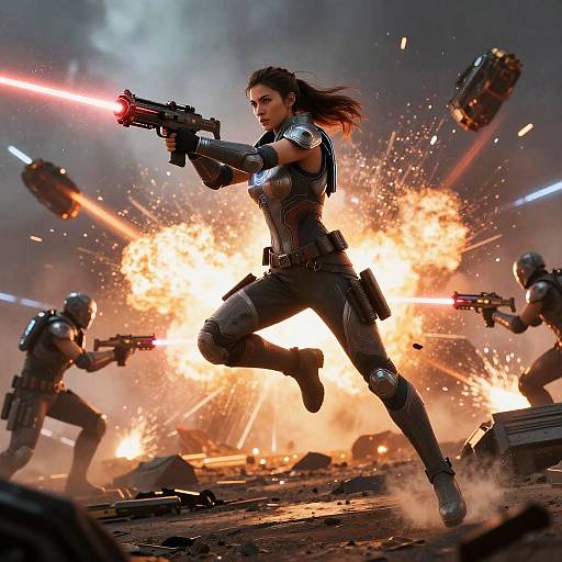 Photograph-style CGI: Female warrior in metallic armor, firing red laser gun, mid-leap, surrounded by explosive fireballs, three armed soldiers,