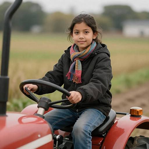 Girl on Red Tractor in Field
