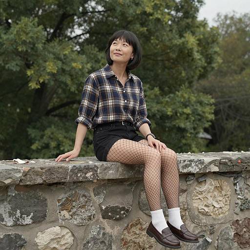 Asian Woman Sitting on Stone Wall