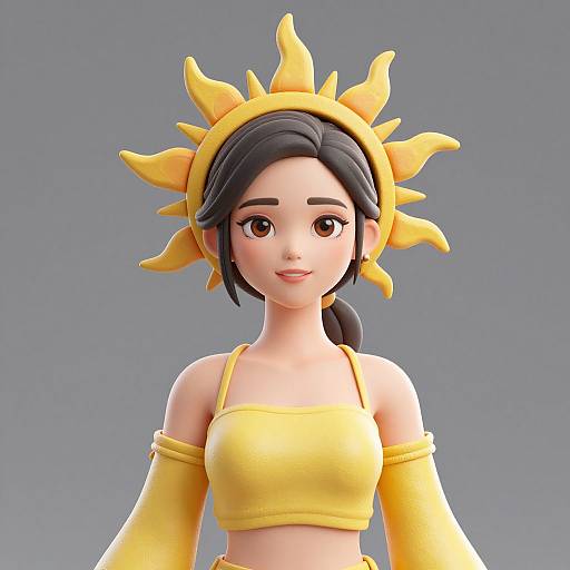 Digital 3D anime-style character with yellow sun hat, matching yellow crop top, and arm sleeves, against gray background, smiling.