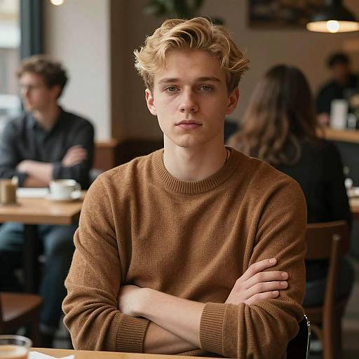 Young Man in Dimly Lit Café