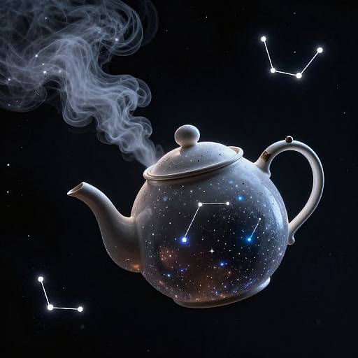 Photograph of a transparent, starry-patterned teapot with wisps of smoke, floating against a black background with constellation lines.