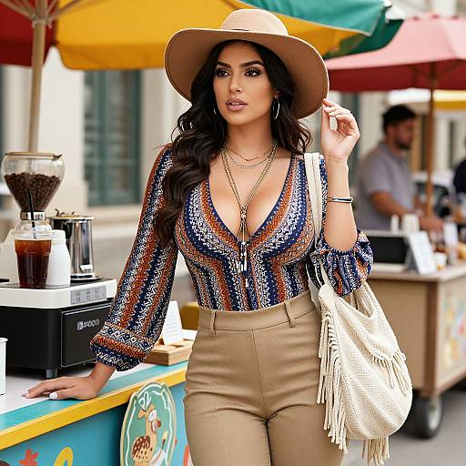 Photograph of a stylish woman with long dark hair, tan hat, low-cut patterned blouse, beige high-waisted pants, and white fringe