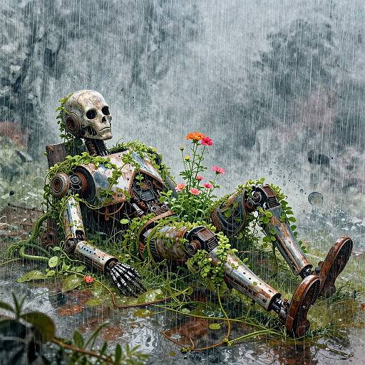 Digital art of a weathered, skeletal robot with plants and flowers growing on it, sitting in front of a waterfall. Rain falls around it, creating