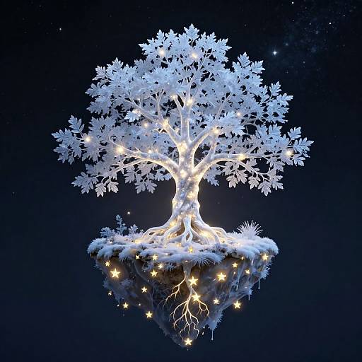 Digital artwork of a glowing, snow-covered tree with illuminated leaves and roots, floating in a dark, star-filled sky.