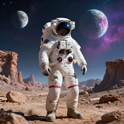 Photorealistic CGI: Astronaut in white spacesuit with black and red accents, standing on rocky Mars terrain, two colorful planets in starry sky