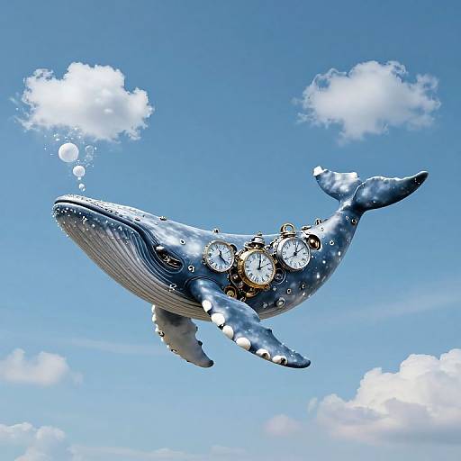 Photograph of a silver, clock-adorned, floating whale against a bright blue sky with fluffy white clouds, bubbles rising from its blowhole.