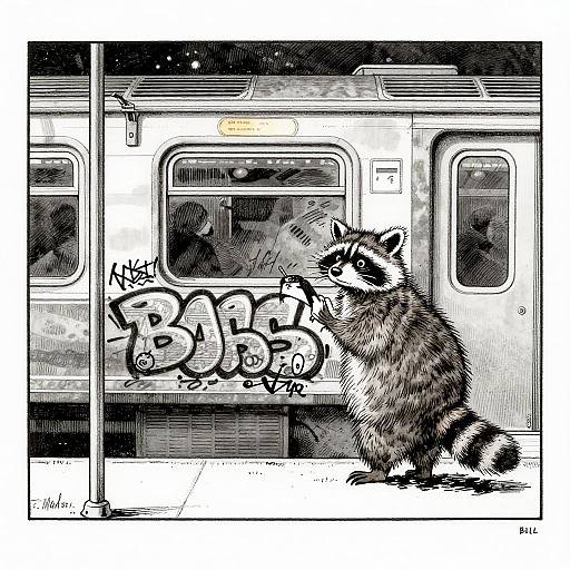Black-and-white illustration of a raccoon spray-painting graffiti 