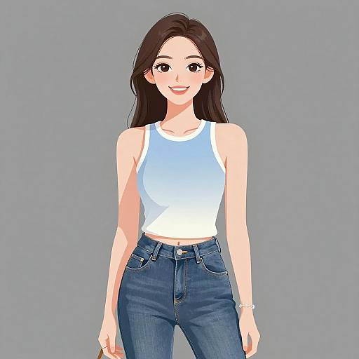 Digital anime-style drawing of a smiling Asian woman with long black hair, wearing a white tank top and blue jeans, against a gray background.
