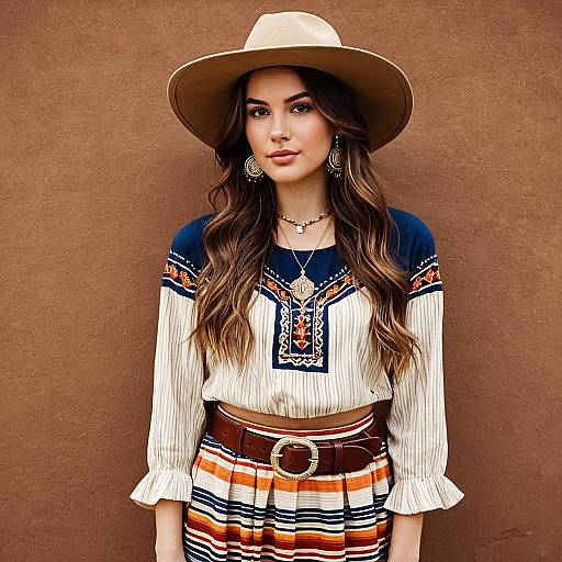 Young Woman in Bohemian Cowboy Festival Outfit