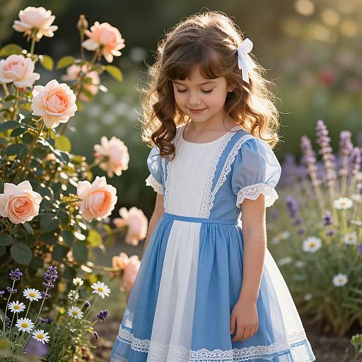 Young Girl in Blue Dress in Flower Garden