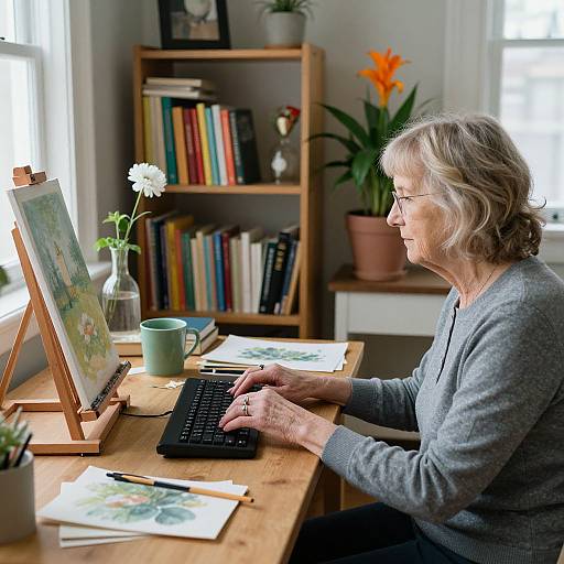 Elderly woman with short gray hair, wearing glasses and gray sweater, painting at wooden desk with laptop, bookshelf, and flowers.