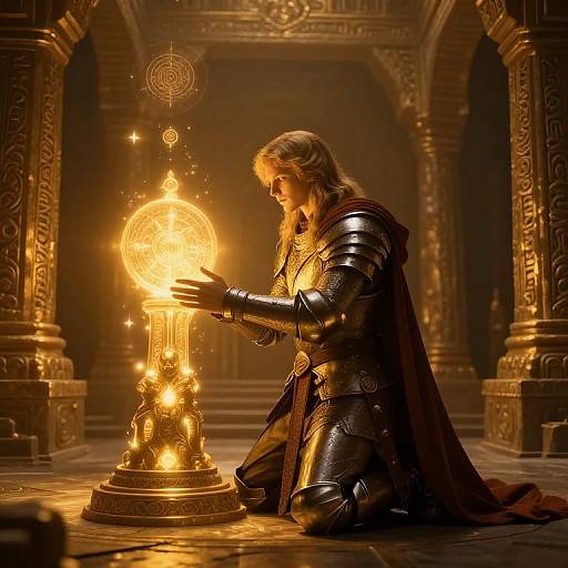 Photorealistic digital art of a blonde, armored knight with a red cape kneeling before a glowing, ornate magical orb in an ancient, dimly