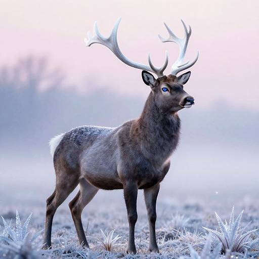 Photograph of a majestic male elk with large antlers standing in a frosty, snow-covered field, blue eyes gazing forward.