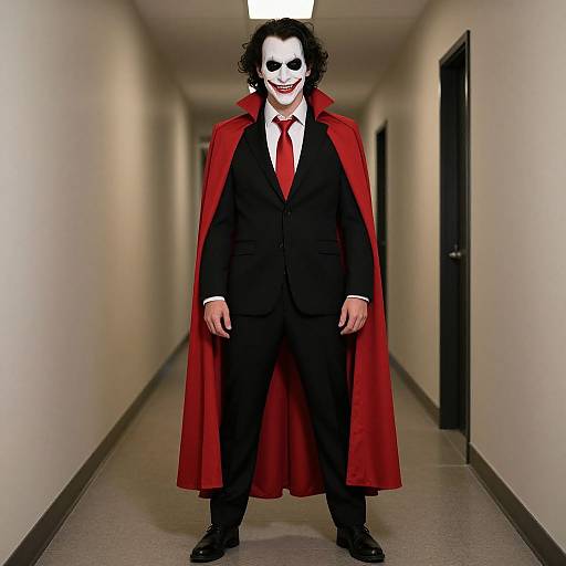 Photograph of a man with white face paint, black curly hair, red cloak, black suit, and tie, standing in a long, empty,