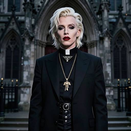 Photograph of a pale-skinned, blonde woman with short, wavy hair, wearing dark lipstick, black blazer, and gold necklace, standing