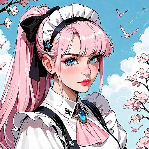 Anime-style digital artwork of a pink-haired maid with blue eyes, wearing a black and white uniform, surrounded by cherry blossoms and birds.