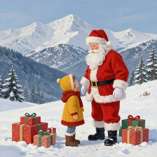 Digital illustration of Santa Claus in red suit, white beard, and black boots, standing in snowy mountain landscape, talking to a child in yellow coat and