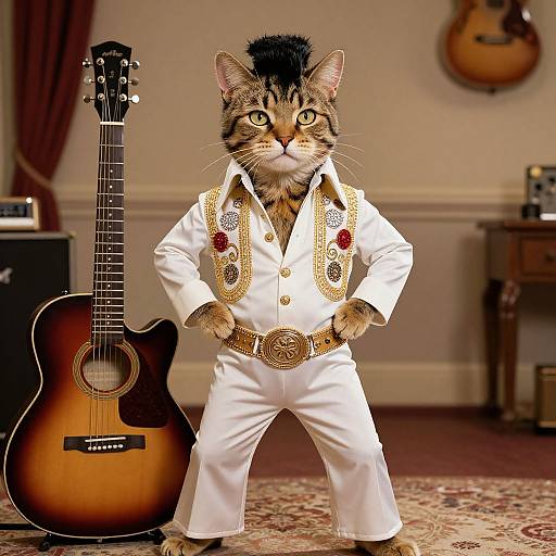 Photograph of a tabby cat in a white, ornately embroidered tuxedo, standing confidently with hands on hips, next to a sunburst
