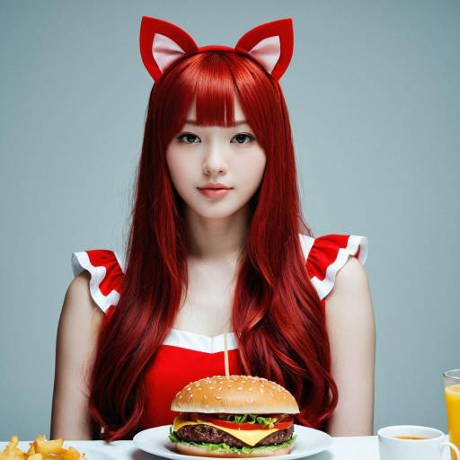 Young Woman in Red Cat Ears and Dress with Burger