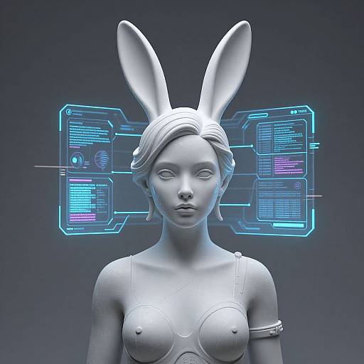 Digital CGI of a white, bunny-eared, topless humanoid with short hair, glowing cybernetic panels behind her head, set against a dark