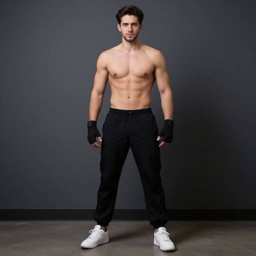 Photograph of a toned, shirtless man with short dark hair, wearing black pants, white sneakers, and black fingerless gloves, standing against a