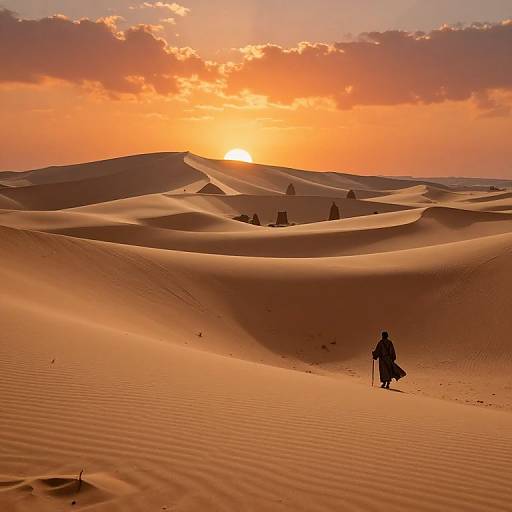 Photograph of a lone figure in a black cloak walking through a vast, golden-orange desert at sunset, with rolling sand dunes and a cloud-st