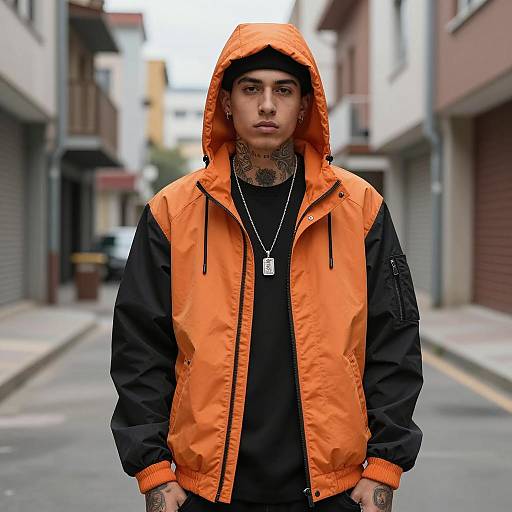 Young Man in Orange and Black Hooded Jacket