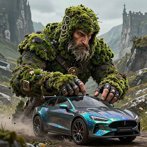 Photorealistic digital art: Bearded, moss-covered Viking warrior in spiked fur hoodie, leaning on a shiny blue sports car, mountainous background with